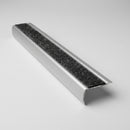 59mm retro-fit brushed stainless steel stair nosing with black anti-slip tread on a plain studio background