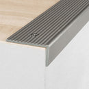 Inox stainless steel effect anodised aluminium ribbed stair nosing edge trim 40x20mm on a wooden step edge