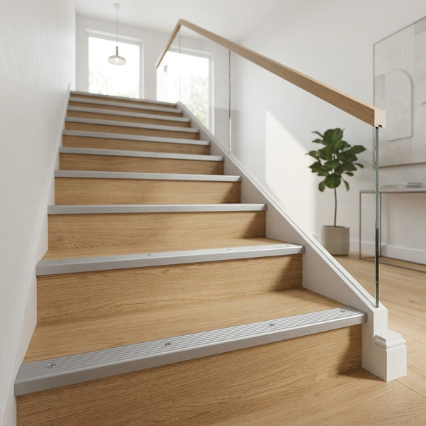Silver aluminium ribbed non-slip stair nosings fitted to a light oak staircase in a modern hallway