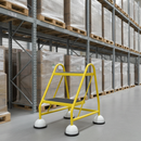 High-visibility yellow mobile safety steps with twin handrail in a warehouse aisle