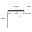 Dimension diagram of stair nosing profile showing 60mm tread, 20mm tile recess and 50mm riser