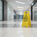 Yellow Wet Floor A-frame warning sign standing in a polished office corridor near a freshly mopped section of flooring
