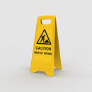 Yellow polypropylene A-frame floor warning sign printed CAUTION MEN AT WORK on a plain studio background