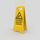 Yellow polypropylene A-frame floor warning sign printed CAUTION SLIPPERY SURFACE on a plain studio background