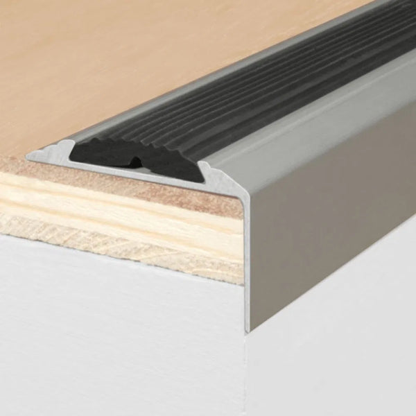 Silver anodised aluminium stair nosing 46x30mm profile view