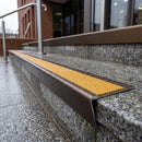 Dark bronze aluminium stair nosing with brimstone insert on wet granite entrance steps outside a civic building