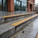 Dark bronze double channel stair nosings with twin brimstone anti-slip inserts on wet granite civic entrance steps