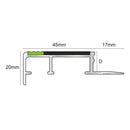 Cross-section drawing of the slimline nosing showing 45mm tread, 20mm nose and 17mm flange with green edge strip