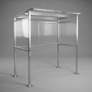 Galvanised steel outdoor smoking shelter with clear twin-wall polycarbonate roof, rear and side panels and bolt-down mounting feet, photographed against a plain grey studio background