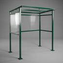 Outdoor smoking shelter with Moss Green RAL 6005 powder-coated steel frame and clear twin-wall polycarbonate roof, rear and side panels, shown on a plain grey studio background with bolt-down base plates visible