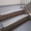 Square edge with ramped back aluminium stair nosing, 93mm tread, twin everest (light grey) exterior grip inserts, mill finish finish