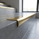 Solid Brass Bullnose Stair Nosing 45mm Tread 30mm Nose in polished brass finish fitted on a step edge