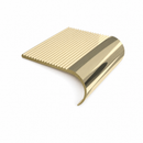 Polished brass 89mm ribbed bullnose stair nosing, cut end showing the curled nose, on a white background