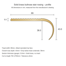Profile drawing of the brass bullnose stair nosing: 89mm tread, 5.0mm gauge, 43mm overall nose depth, 38mm drop
