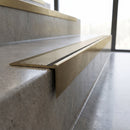 Solid Brass Stair Nosing 45mm Tread Raked Front Profile in antique brass finish fitted on a step edge
