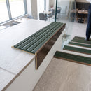 Solid brass stair nosing 59mm raked back slimline in antique bronze finish with spruce castellated anti-slip insert, fitted to a stair tread