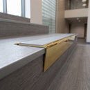 Solid brass stair nosing 71mm raked back in polished brass with polar grey smooth textured insert fitted on a vinyl plank school staircase