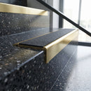 Solid Brass Stair Nosing 71mm Tread Raked Back Profile in satin brass finish fitted on a step edge