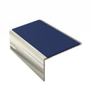 Square aluminium stair nosing, 56mm tread, dark blue insert, bright polished finish