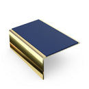 Square aluminium stair nosing, 56mm tread, dark blue insert, mirrorflect gold finish