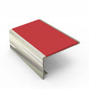 Square aluminium stair nosing, 56mm tread, red insert, bright polished finish