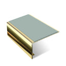Square aluminium stair nosing, 56mm tread, sage green insert, mirrorflect gold finish