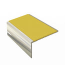 Square aluminium stair nosing, 56mm tread, yellow insert, bright polished finish