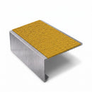 Square edge aluminium stair nosing, 56mm tread, solar (golden yellow) Mor Grip insert, mill finish finish