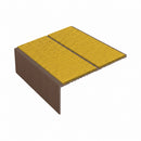 Square edge aluminium stair nosing, 85mm tread, brimstone (safety yellow) exterior grip insert, dark bronze finish