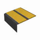 Square edge aluminium stair nosing, 85mm tread, brimstone (safety yellow) exterior grip insert, satin black finish