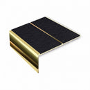 Square edge aluminium stair nosing, 85mm tread, coal (black) exterior grip insert, mirrorflect gold finish