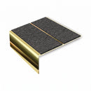 Square edge aluminium stair nosing, 85mm tread, obsidian (dark charcoal) Mor Grip insert, mirrorflect gold finish