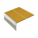 Square edge aluminium stair nosing, 85mm tread, solar (golden yellow) Mor Grip insert, bright polished finish