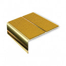 Square edge aluminium stair nosing, 85mm tread, solar (golden yellow) Mor Grip insert, mirrorflect gold finish