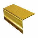 Square edge aluminium stair nosing, 56mm tread, brimstone (safety yellow) exterior grip insert, mirrorflect gold finish