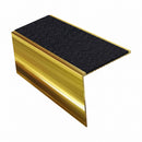 Square edge aluminium stair nosing, 56mm tread, coal (black) exterior grip insert, mirrorflect gold finish