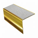Square edge aluminium stair nosing, 56mm tread, everest (light grey) exterior grip insert, mirrorflect gold finish