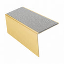 Square edge aluminium stair nosing, 56mm tread, everest (light grey) exterior grip insert, satin gold finish