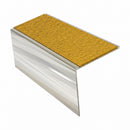 Square edge aluminium stair nosing, 56mm tread, solar (golden yellow) Mor Grip insert, bright polished finish