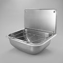 Stainless steel wall mounted cleaners bucket sink on a plain grey studio background, showing the deep tapered bowl, removable wire bucket grating and rear splashback with corner fixing screws
