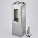 Floorstanding stainless steel drinking fountain and bottle filling station with satin finish, top basin bubbler tap and recessed front bottle filler, on a neutral studio background beside a stainless drinking bottle and a 32mm waste trap