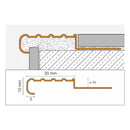 Cross-section of the stainless steel stair nosing showing the 30mm tread, the 10mm nose and H marking the tile thickness