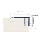 Scale cross-section of the square front stair nosing: 63.3mm tread, 30mm nose, 26mm riser leg, 4mm gauge and a 49.5mm insert channel