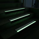 65x36mm outdoor grade PVC stair nosing glowing green along each step edge in the dark during a power cut, no wiring needed