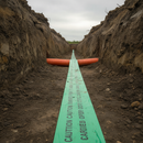 Green underground warning tape laid across the bottom of an open excavation trench above a buried telecoms duct