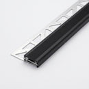 Tile-in aluminium stair nosing 25mm with black replaceable PVC tread and perforated anchoring leg, studio view
