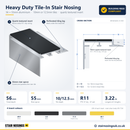 Heavy duty 56 x 55mm tile-in stair nosing with quartz textured insert technical drawing: 3D view, cross-section with 56mm tread, 55mm riser apron, 18mm perforated tiling leg, tile depth 10 or 12.5mm, 50mm R11 insert and insert LRVs