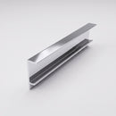 Length of bright polished aluminium landing edge angle trim showing the 32mm upstand and the recess behind it