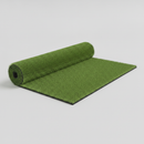 Rolled and unrolled green artificial playground safety turf, studio product shot showing grass blade pile