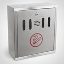 Brushed stainless steel wall mounted cigarette bin with lockable front door, slotted apertures and red cigarette symbol, on a plain studio background